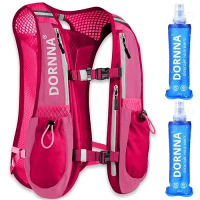 Afbeelding van DORNNA Drinkvest Trail Running + 2 soft flask 500 ml als cadeau, looprugzak voor dames en heren, achterzak blaren tot 3 l (roze ml)