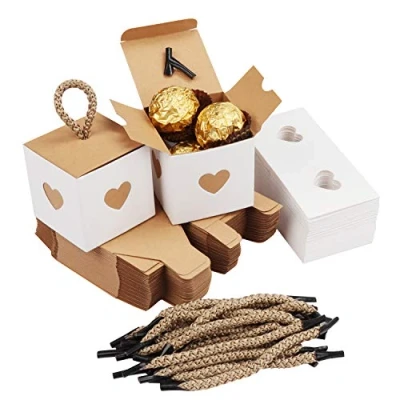 Afbeelding van Belle Vous 50 Pak Kleine Witte en Bruine Hartvormige Cadeau Doosjes 5,5 x 5,5cm Trouwgeschenk Papier Snoep Hobby Jubileum, Verjaardagsfeest, Huwelijk of Babyshower
