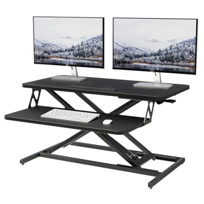 Afbeelding van ERGOMAKER In hoogte verstelbare staande bureau converter 81cm (32 inch) breed Platform tafelblad werkstation snel zitten om te staan Desk Riser voor Dual monitoren Zwart