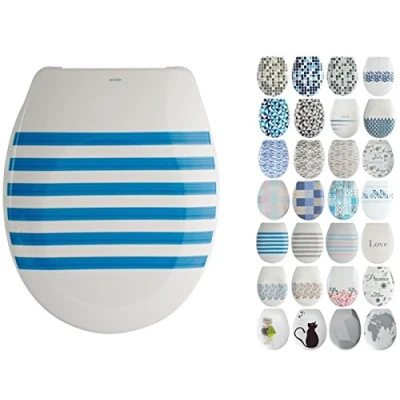 Afbeelding van MSV Design wc bril automatisch sluitend, Fast Fix/snelle bevestiging, bevestiging met druk op de knop, toiletbril deksel &quot;Seauville&quot; blauw/wit