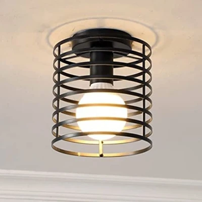 Afbeelding van iDEGU Industriële plafondlamp, kooi, kroonluchter, hanglamp van metaal, ijzer, voor slaapkamer, keuken, hal, zwart (zwart rond)