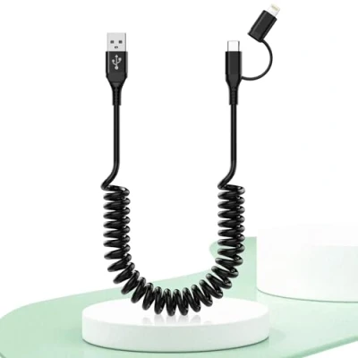Afbeelding van USB naar C en Lightning kabel, kort, 2 in 1, MFi gecertificeerd, Apple Carplay Android autokabel, 3 A gegevens, spiraalkabel, iPhone oplaadkabel voor 15/14/13/12/Android,