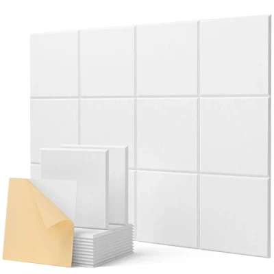 Afbeelding van akoestische platen, zelfklevend, 12 stuks, geluidsisolatie, wand, hoge dichtheid, polyester, panelen, afgeschuind randdesign, wit, voor wandplafonds, hout en deuren, 30 x 0,9 cm