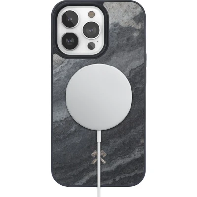 Afbeelding van Woodcessories Magnetic Stone Case geschikt voor iPhone 14 Pro Max ingelegd met echt steen MagSafe en draadloos laden Camo grey