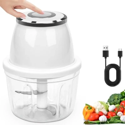 Afbeelding van Elektrische keukenverkleiner, 350 ml, kleine draagbare mixer met 3 messen voor vlees, fruit, chili, uien, knoflook wit