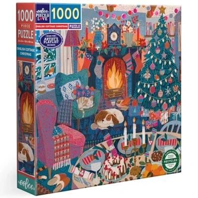 Afbeelding van eeBoo Piece &amp; Love: Engelse Cottage Christmas puzzel van 1000 stukjes vierkante puzzel, voor volwassenen, 23 x 23, inclusief afbeeldingsreferentie insert,