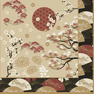 Afbeelding van 20 servetten Aziatische natuur, waaiers, Japan, Azië, zon, tafeldecoratie, decoupage, servettechniek 33 x cm