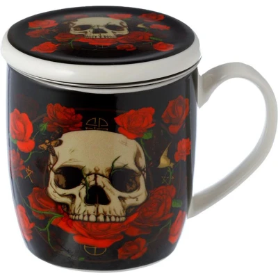Afbeelding van Schedel &amp; Rozen Porselein Mok met Thee Infuser Deksel 350ml