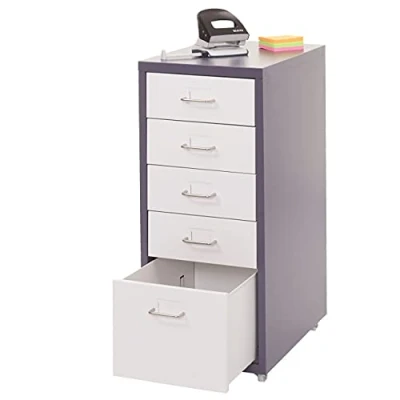 Afbeelding van Mendler Rolcontainer Boston T851, ladekast stalen kast, 69x28x41cm 5 laden donkergrijs wit