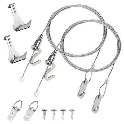 Afbeelding van Hyber&amp;Cara foto rail opknoping kit galerij kunst systeem ondersteuning 40 KG RVS beeld frame draad 2m x 2mm met 1 verstelbare haak + vormhaak Pack van 2