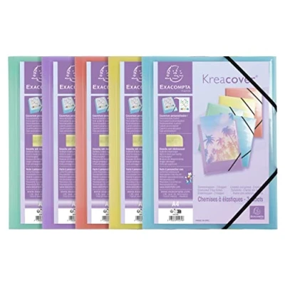 Afbeelding van Exacompta Ref. 55279E Pak van 5 elastische mappen Kreacover pastel 3 kleppen doorschijnend polypropyleen afmetingen 24 x 32 cm voor DIN A4 verschillende kleuren