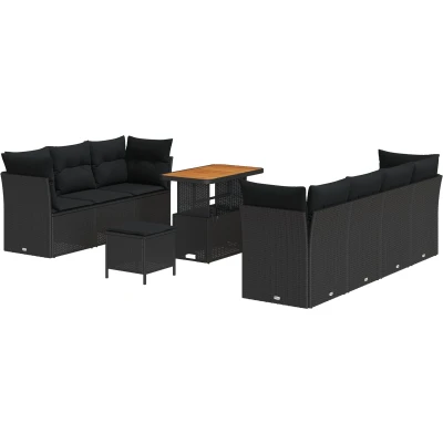 Afbeelding van vidaXL 10 delig Tuinbankstel met Kussens Zwart Poly Rattan Acacia