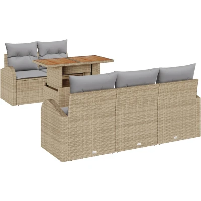 Afbeelding van vidaXL 6 delige Tuindinerset met Kussens Beige Poly Rattan Acacia