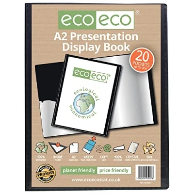 Afbeelding van eco A2 formaat 50% gerecycled 20 Pocket Zwart Presentatie Display Boek, Opbergkoffer Portfolio Art Folder met Plastic Mouwen, eco007