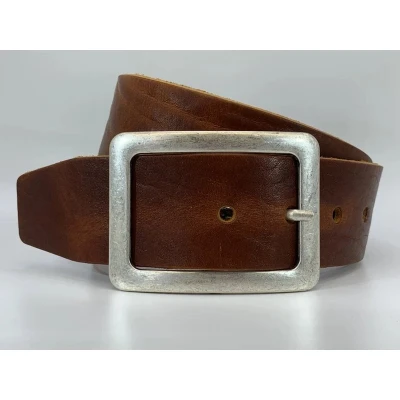 Afbeelding van ITALIAANS NERF LEDEREN RIEM VAN 5CM BREED MET OUD ZILVEREN DOORSTEEKGESP. MAAT 85