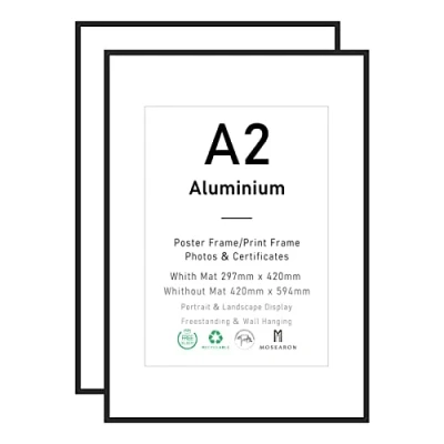 Afbeelding van Fotolijst in A2 formaat, zwart aluminium, certificaatframe met plexi glass voor muurbevestiging of tafelblad, set van 2 stuks, 42 x 59 cm