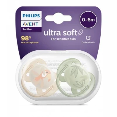 Afbeelding van Avent Ultra Soft 2 Orthodontische Siliconen Fopspenen 0 6 Maanden (Modellen : Beige en groen)