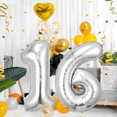 Afbeelding van Ballonnen verjaardag 16 zilver 100 cm ballon cijfer 16, nummer Happy Birthday decoratie, ballonnen, verjaardagsfeest, jaren vliegen dankzij helium