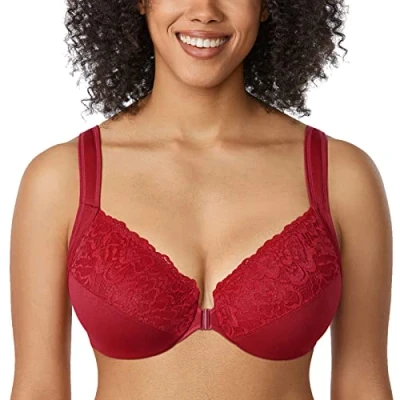 Afbeelding van DELIMIRA Dames Voorsluiting BH met beugel Kant Large Size Volledige cups zonder inzetstukken Donkerrood 90C