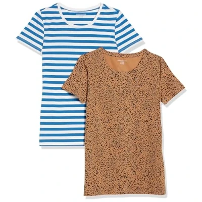 Afbeelding van Amazon Essentials T shirt voor dames, klassieke pasvorm, korte mouwen, ronde hals, set van 2, blauw gestreept/cameldier, maat L