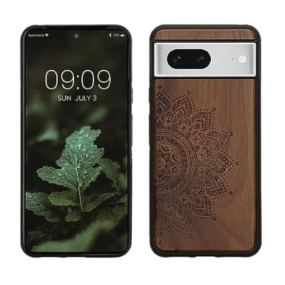 Afbeelding van kwmobile telefoonhoesje geschikt voorGoogle Pixel 8 Hoesje met bumper walnoothout In donkerbruin Opkomende Zon design