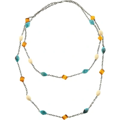 Afbeelding van Behave Lange dubbele antiek zilverkleurige ketting met turquoise en bruine kralen