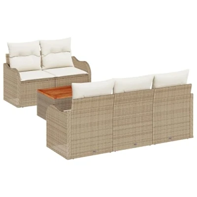 Afbeelding van vidaXL 6 delige tuinsofa set met kussens in beige, van poly riet en acacia.