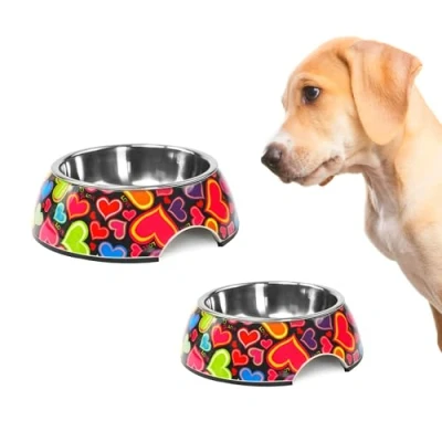 Afbeelding van Record Voedingsbak voor honden en katten Lovely roestvrij staal melamine uitgerust met anti slip noppen afmetingen: Ø 17,5 cm inhoud 350 ml hartpatroon meerkleurig