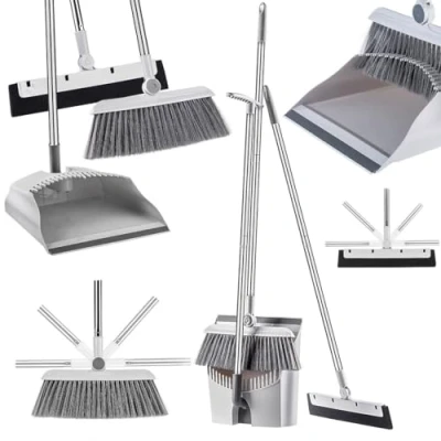 Afbeelding van KADAX bezem met steel, 3 in 1 en veegschep set vloerschraper, multifunctionele schep bezemset, lange steel voor thuis, kantoor, lobbykeer, veegset