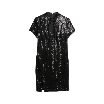 Afbeelding van Superdry Vrouwen Mini jurk met Mandarijnkraag en Pailletten Zwart Grootte: 40