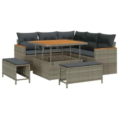 Afbeelding van vidaXL 8 Delige Tuin Sofa Set met Kussens Grijs Poly Rattan Acacia, 3 Eet Acacia