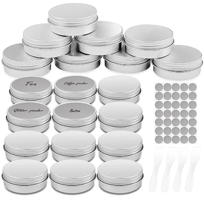 Afbeelding van Firschoie 20 stuks lege cosmeticapotten van aluminium, ml, mini pot met schroefsluiting, leeg blikje 28 ronde stickers en 4 spatels, ideaal voor make up, crèmes, lotions
