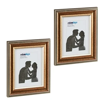 Afbeelding van Relaxdays fotolijstjes set van 2 15x20 cm passepartout 10x15 A5 fotokaders goud