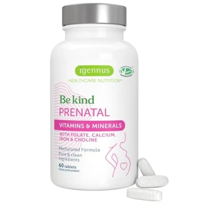 Afbeelding van Geavanceerde prenatale multivitaminen en mineralen met foliumzuur als folaat, zachte ijzer, hersenontwikkeling, veganistische vitamines voor zwangerschap, 60 tabletten, door Igennus