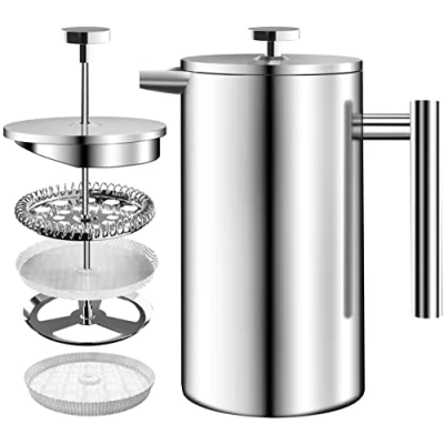 Afbeelding van KICHLY Roestvrij staal FRENCH PRESS/Franse Pers Koffiezetapparaat 34oz (1.0 Liter) met 3 Niveau Filtersysteem Dubbelwandige Geïsoleerde Cafetière 1 Extra Filter (Zilver)