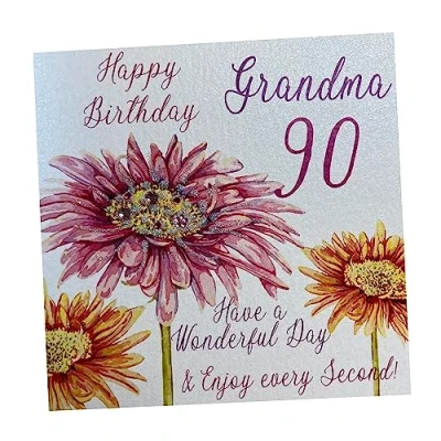 Afbeelding van white cotton cards Roze Gerbera, gelukkig 90 oma hebben een prachtige dag handgemaakte 90e verjaardagskaart, wit, WBA90 GMA