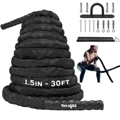 Afbeelding van Yes4All Trainingstouw voor gevechtsoefeningen met beschermhoes stalen anker en riem inbegrepen 38 mm/50 mm diameter Poly Dacron 9 m, 12 15 m lengte (38 m)