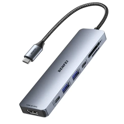 Afbeelding van BENFEI 7 in 1 USB C hub met HDMI (4K @60Hz), 2 A, gegevens, 100 W opladen, SD/TF kaartlezer, siliconen kabelwirwar vrije kabel, compatibel MacBook Pro/Air, iPad Pro, iMac, iPhone 15