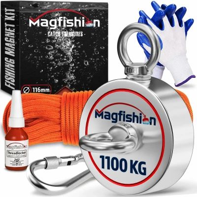 Afbeelding van Magfishion Dubbelzijdige Magneetvissen Set 1100 KG Vismagneet 20 Meter Lang Touw + Karabijnhaak met Schroefsluiting Handschoenen Borgmiddel Starterspakket Magneet Vissen Outdoor Kinderen