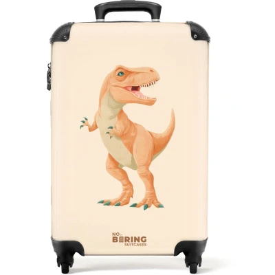 Afbeelding van NoBoringSuitcases.com® Kinderkoffer jongen Kindertrolley jongens T rex dino in oranje kleuren Handbagage koffer lichtgewicht Reiskoffer trolley kinderen Rolkoffer met wieltjes Past binnen 55x40x20 en 55x35x25