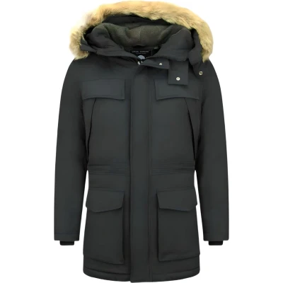 Afbeelding van Lange Heren Parka Jas Bontkraag Zwart Maat XS