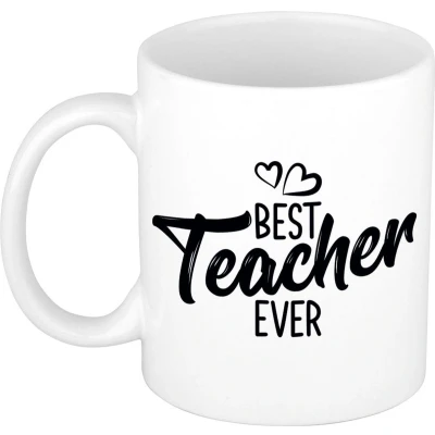 Afbeelding van Best teacher ever mok / beker wit met hartjes cadeau juf meester leraar lerares feest mokken
