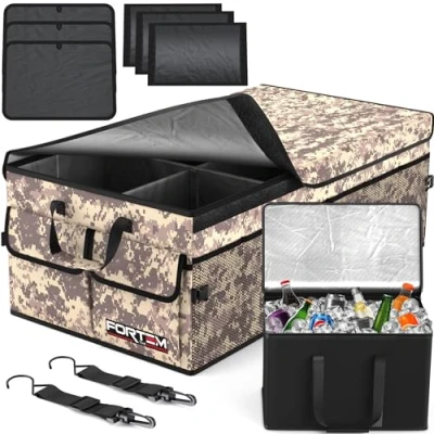 Afbeelding van FORTEM Auto Organizer, Kofferbak Organizer met Koeler, Opvouwbare Compartimenten, Antislip Bodem, Verstelbare Bevestigingsriempjes, Zacht Deksel (Woestijn, X Large)