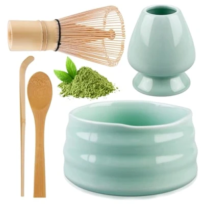 Afbeelding van matcha Theeset, bezemset met garde, bezemhouder, schaal van keramiek, 2 theelepels, Japanse accessoires voor de ceremonie, perfecte set bereiding