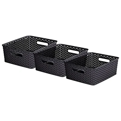 Afbeelding van Curver My Style Rotan Effect Set van 3 Keuken, Woonkamer, Badkamer, Slaapkamer, Utility Medium Rechthoekige Opbergmanden 12 liter Antraciet, Donkergrijs (L35,5 cm X B29cm H13cm)