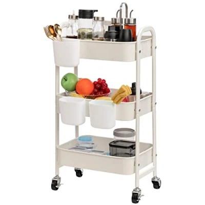 Afbeelding van DOEWORKS Opbergwagen 3 etages Metaal Utility Cart Rolwagen Trolleywagen, Opbergtrolley met Wielen Voor Keuken, Badkamer, Poeder Kamer, Kantoor, Wit Kopjes