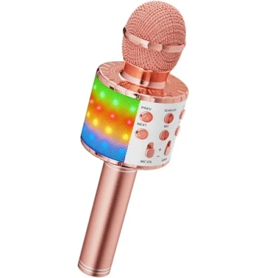 Afbeelding van Ankuka Draadloze karaoke microfoon, Bluetooth 4 in 1, draagbaar, speler met ledlampen, dans, voor feestjes, zingen, cadeau idee kinderen Roségoud