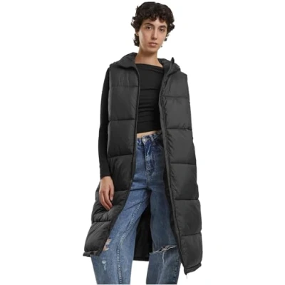 Afbeelding van Urban Classics Damesvest, lange gewatteerde bodywarmer met capuchon, losse pasvorm, zwart, XL