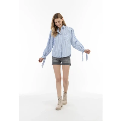 Afbeelding van DREIMASTER Vintage Dames Blouse met Lange Mouwen L / Witte Lichtblauwe 55% Polyester 45% Katoen