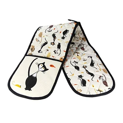Afbeelding van SPOTTED DOG GIFT COMPANY Dubbele Ovenwanten, Hittebestendige Katoen Ovenhandschoenen voor Koken Bakken met Zwart Kat Ontwerp, Keuken Cadeaus Kattenliefhebbers, 89cm x 18cm